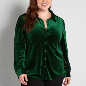 Modcloth Be Buzzworthy Velvet Button-Up Top - Green Size Medium